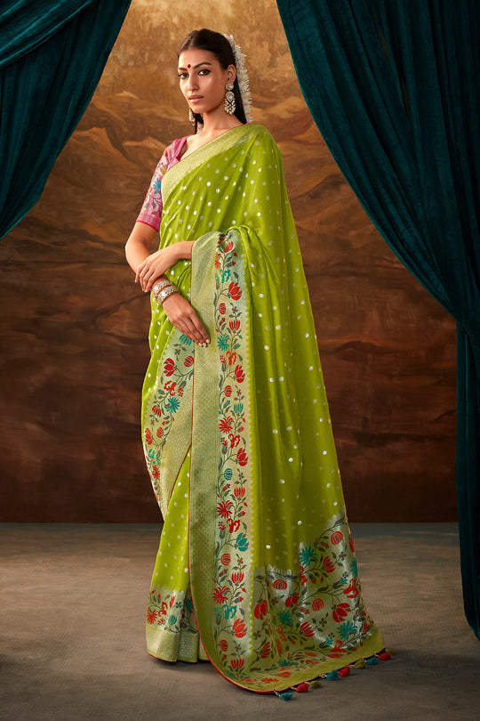 Karagiri Parrot Green Pure Dola Silk Saree With Blouse Piece