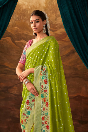 Karagiri Parrot Green Pure Dola Silk Saree With Blouse Piece