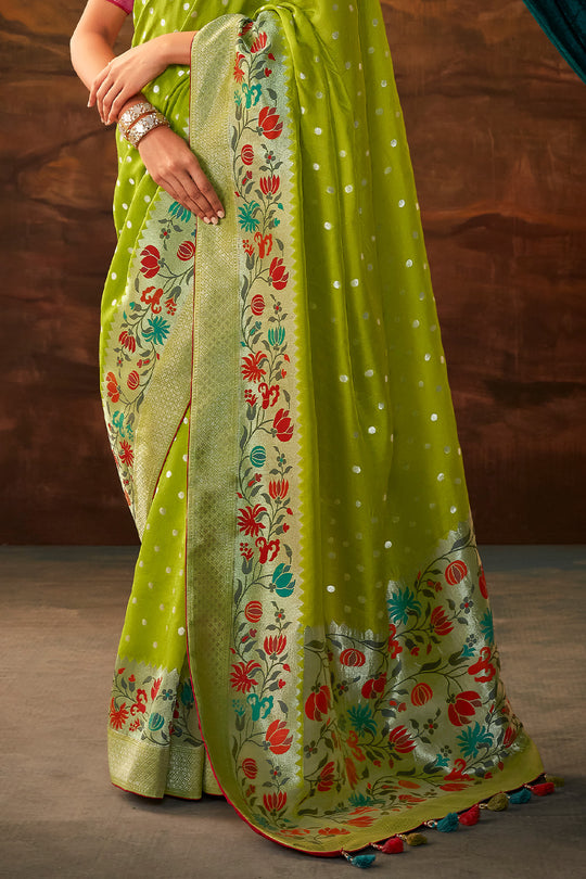 Karagiri Parrot Green Pure Dola Silk Saree With Blouse Piece
