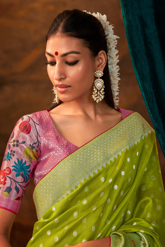 Karagiri Parrot Green Pure Dola Silk Saree With Blouse Piece