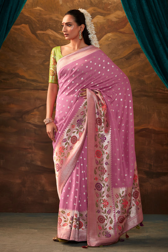 Karagiri Taffy Pink Pure Dola Silk Saree With Blouse Piece
