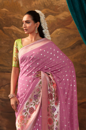 Karagiri Taffy Pink Pure Dola Silk Saree With Blouse Piece