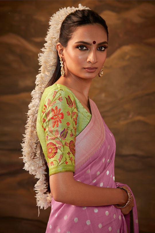 Karagiri Taffy Pink Pure Dola Silk Saree With Blouse Piece