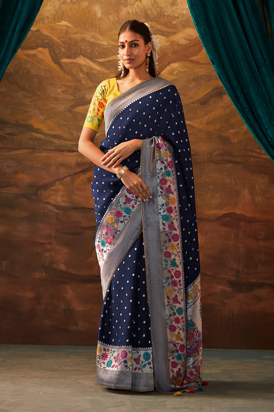 Karagiri Navy Blue Pure Dola Silk Saree With Blouse Piece