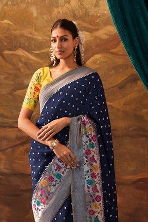 Karagiri Navy Blue Pure Dola Silk Saree With Blouse Piece