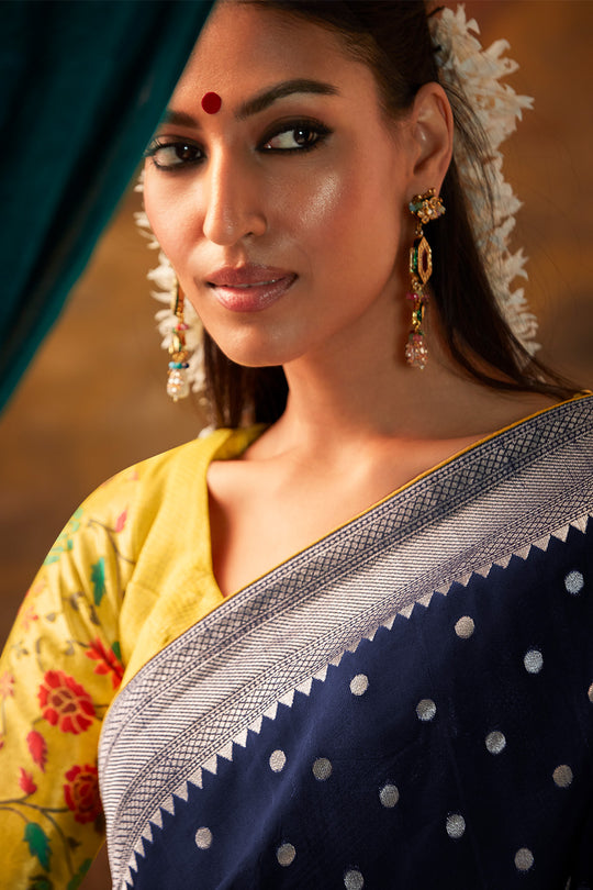 Karagiri Navy Blue Pure Dola Silk Saree With Blouse Piece