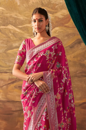 Karagiri Pink Pure Dola Silk Saree With Blouse Piece