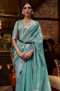 Cyan Blue Linen Blend Saree