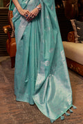 Cyan Blue Linen Blend Saree