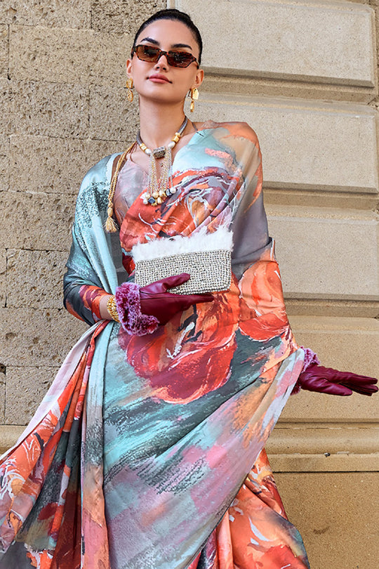 Multicolor Silk Digital Printed Saree With Blouse Piece
