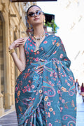 Blue Silk Digital Printed Saree With Blouse Piece