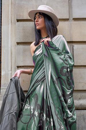 Green Satin Digital Printed Saree With Blouse Piece