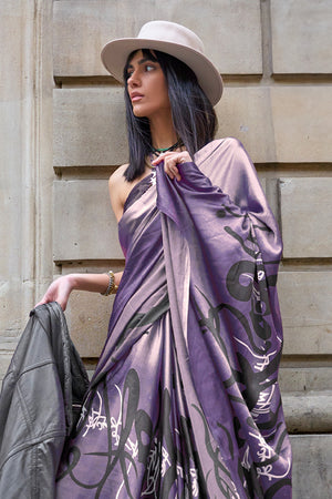 Purple Satin Digital Printed Saree With Blouse Piece