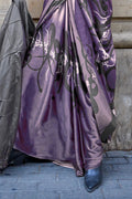 Purple Satin Digital Printed Saree With Blouse Piece