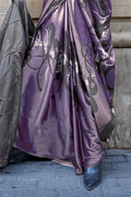 Purple Satin Digital Printed Saree With Blouse Piece