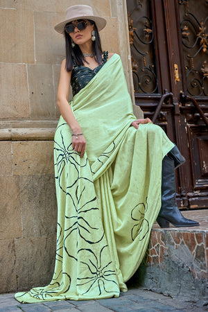 Pista Green Digital Printed Saree With Blouse Piece