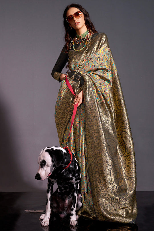 Grey Banarasi Pashmina Kashmiri Modal Silk Saree With Blouse Piece