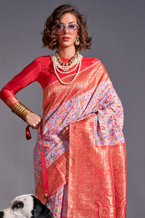 Lavender Banarasi Kashmiri Modal Silk Saree With Blouse Piece