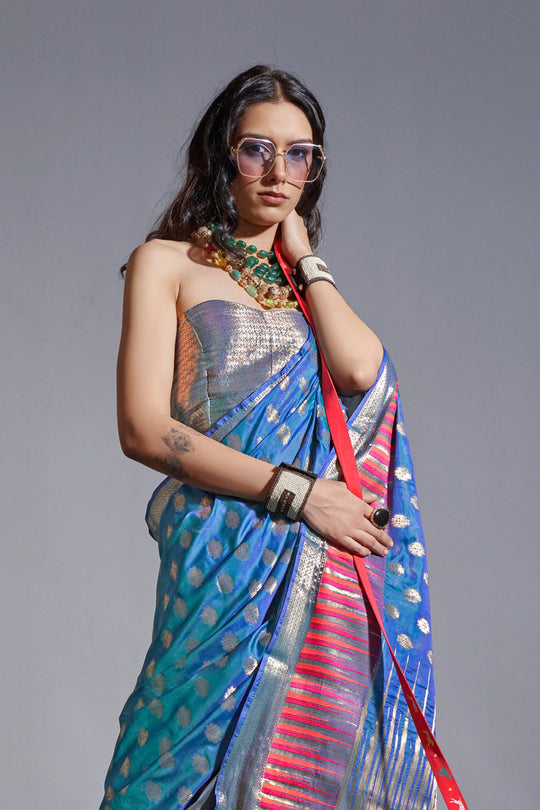 Blue Banarasi Silk Saree With Blouse Piece