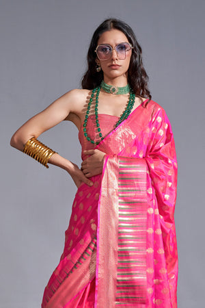 Pink Banarasi Silk Saree With Blouse Piece