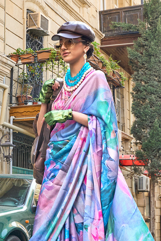 Multicolor Blue Satin Printed Saree With Blouse Piece