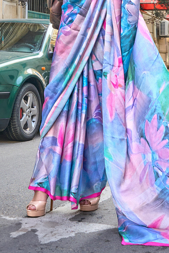 Multicolor Blue Satin Printed Saree With Blouse Piece