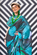 Multicolor Blue Satin Printed Saree With Blouse Piece