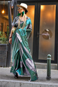 Multicolor Green Satin Printed Saree With Blouse Piece