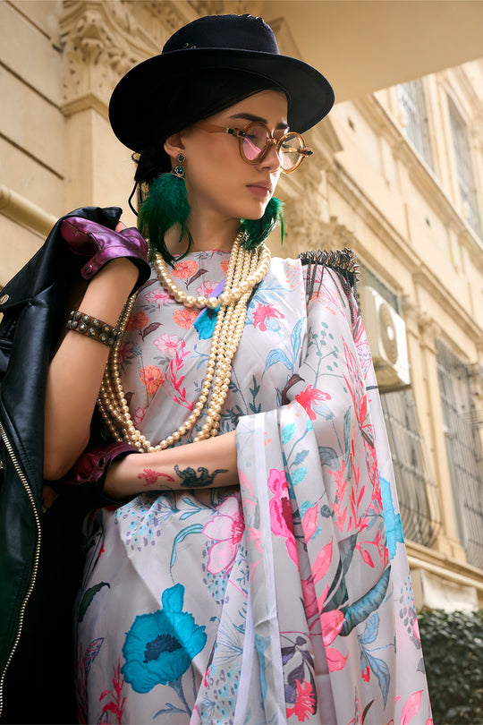 Multicolor Satin Printed Saree With Blouse Piece