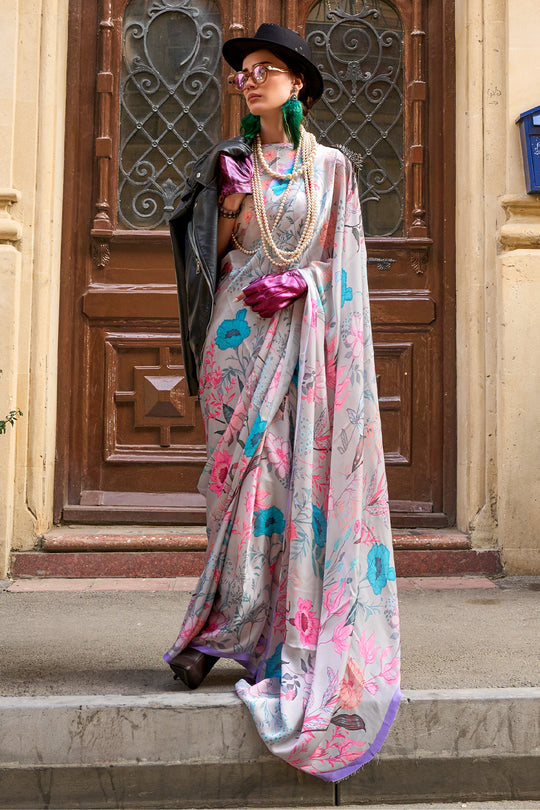 Multicolor Satin Printed Saree With Blouse Piece