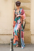 Multicolor Satin Printed Saree With Blouse Piece