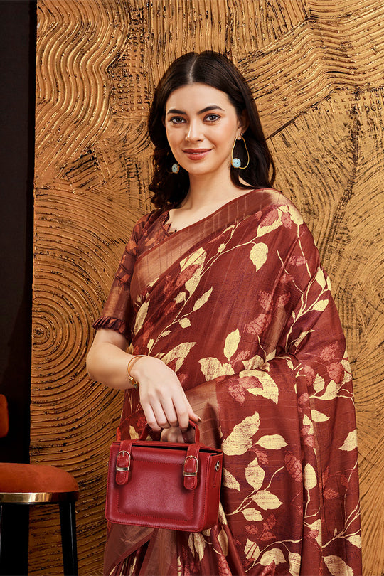 Maroon Silk Floral Printed Zari Saree