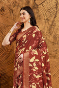 Maroon Silk Floral Printed Zari Saree