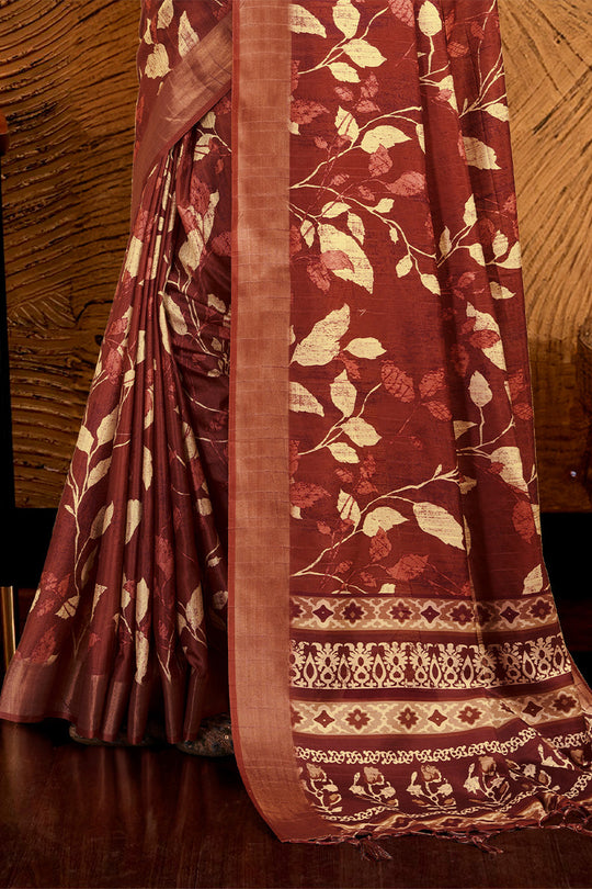 Maroon Silk Floral Printed Zari Saree