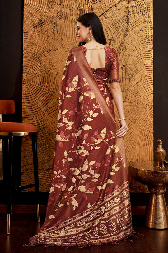 Maroon Silk Floral Printed Zari Saree