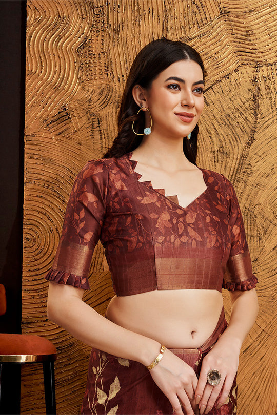 Maroon Silk Floral Printed Zari Saree