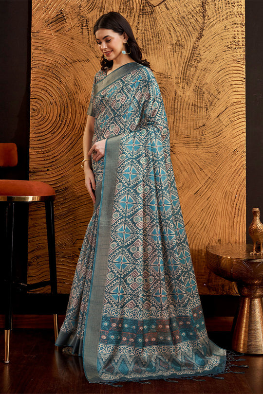 Grey Silk Geometric Printed Zari Saree