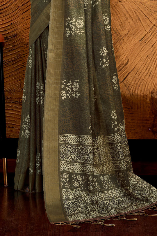 Dark Green Silk Floral Printed Saree