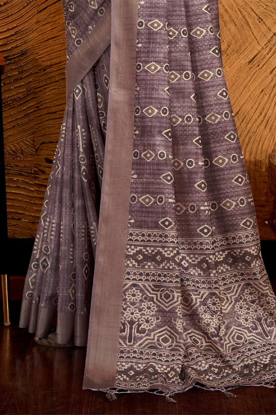 Dusty Purple Silk Geometric Printed Zari Saree