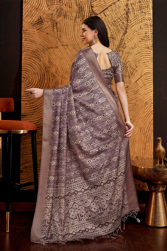 Dusty Purple Silk Geometric Printed Zari Saree