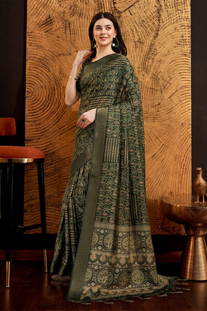 Green Silk Ethnic Motifs Printed Saree