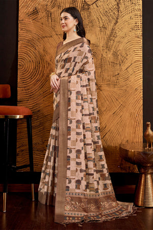 Peach Silk Geometric Printed Zari Saree