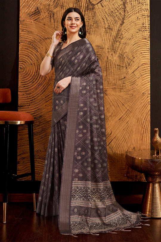 Dark Grey Silk Floral Printed Zari Saree
