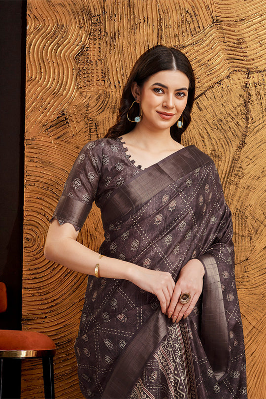 Dark Grey Silk Floral Printed Zari Saree