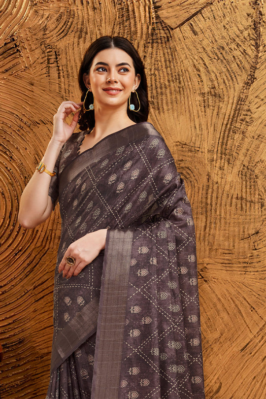 Dark Grey Silk Floral Printed Zari Saree