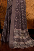 Dark Grey Silk Floral Printed Zari Saree
