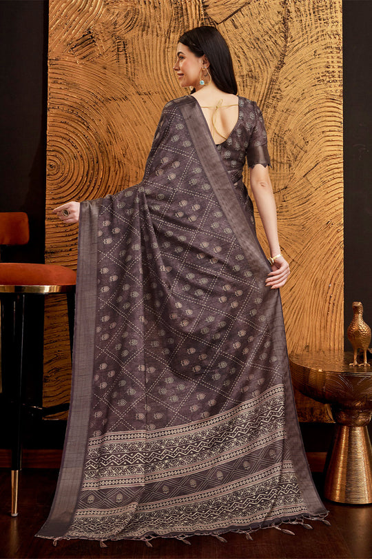 Dark Grey Silk Floral Printed Zari Saree