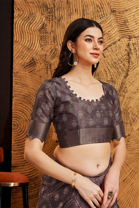 Dark Grey Silk Floral Printed Zari Saree