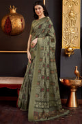 Olive Silk Batik Printed Zari Saree