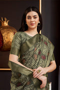 Olive Silk Batik Printed Zari Saree